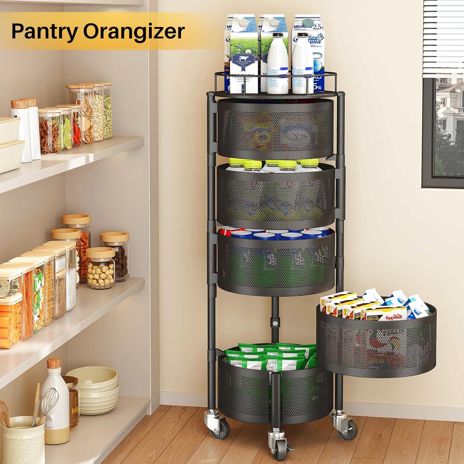 Rolling Basket Rack for Kitchen